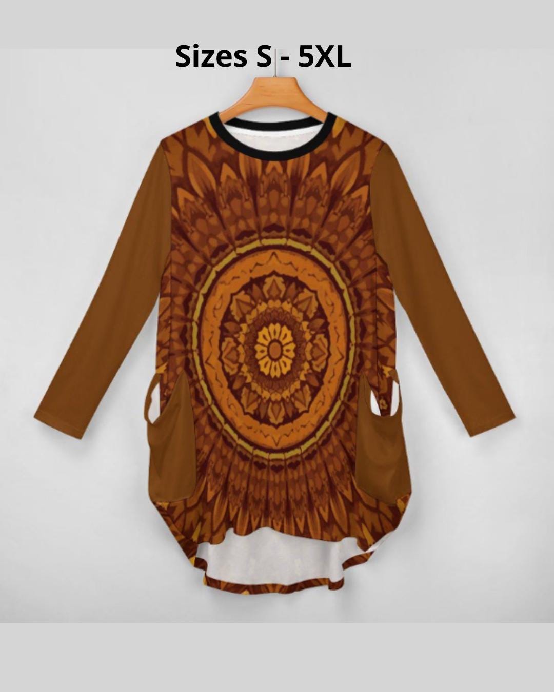 Robe ample avec poches S–5XL | Écharpe bohème mandala marron | Tunique longue douce et confortable
