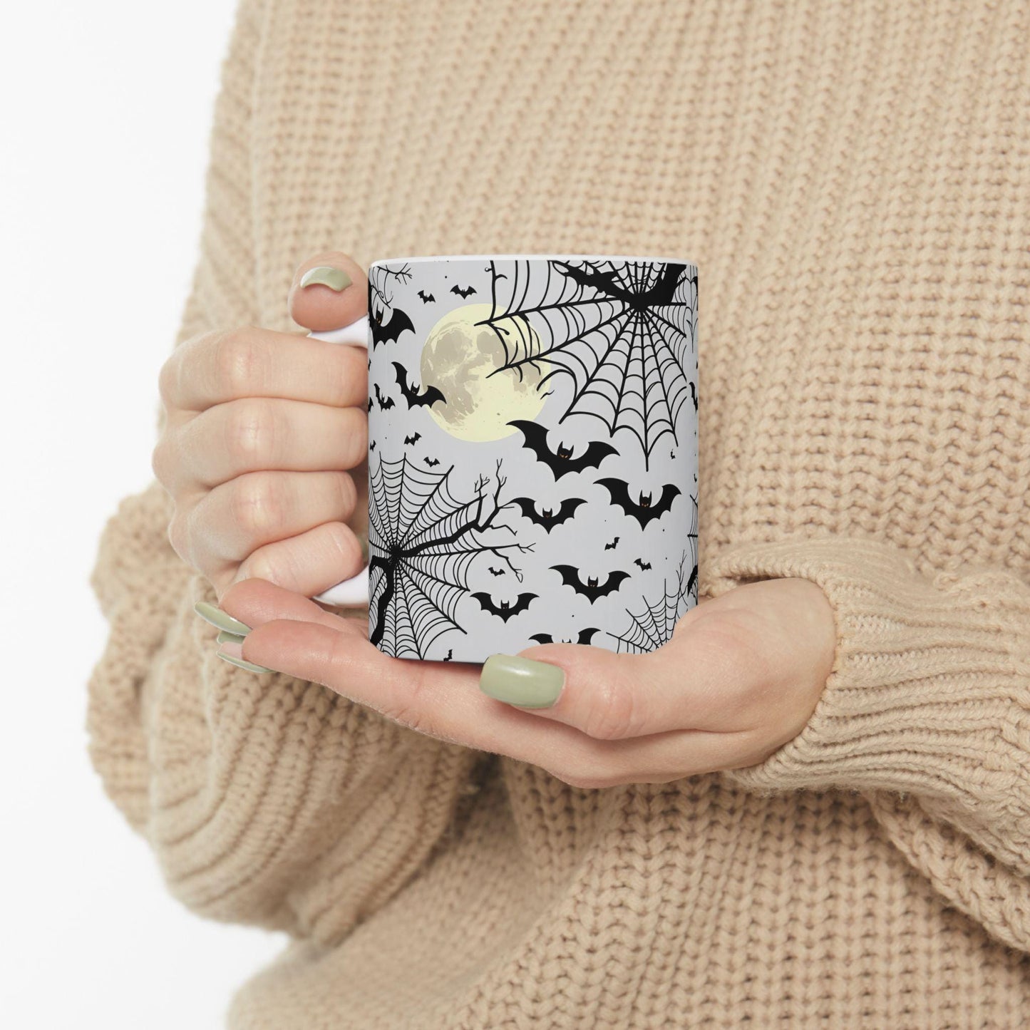 Mug Halloween 0.33 L/0.44 L, Tasse effrayante et mignonne chauves-souris, lune et toiles d’araignées | Cadeau original | Pumpkin Spice Latte