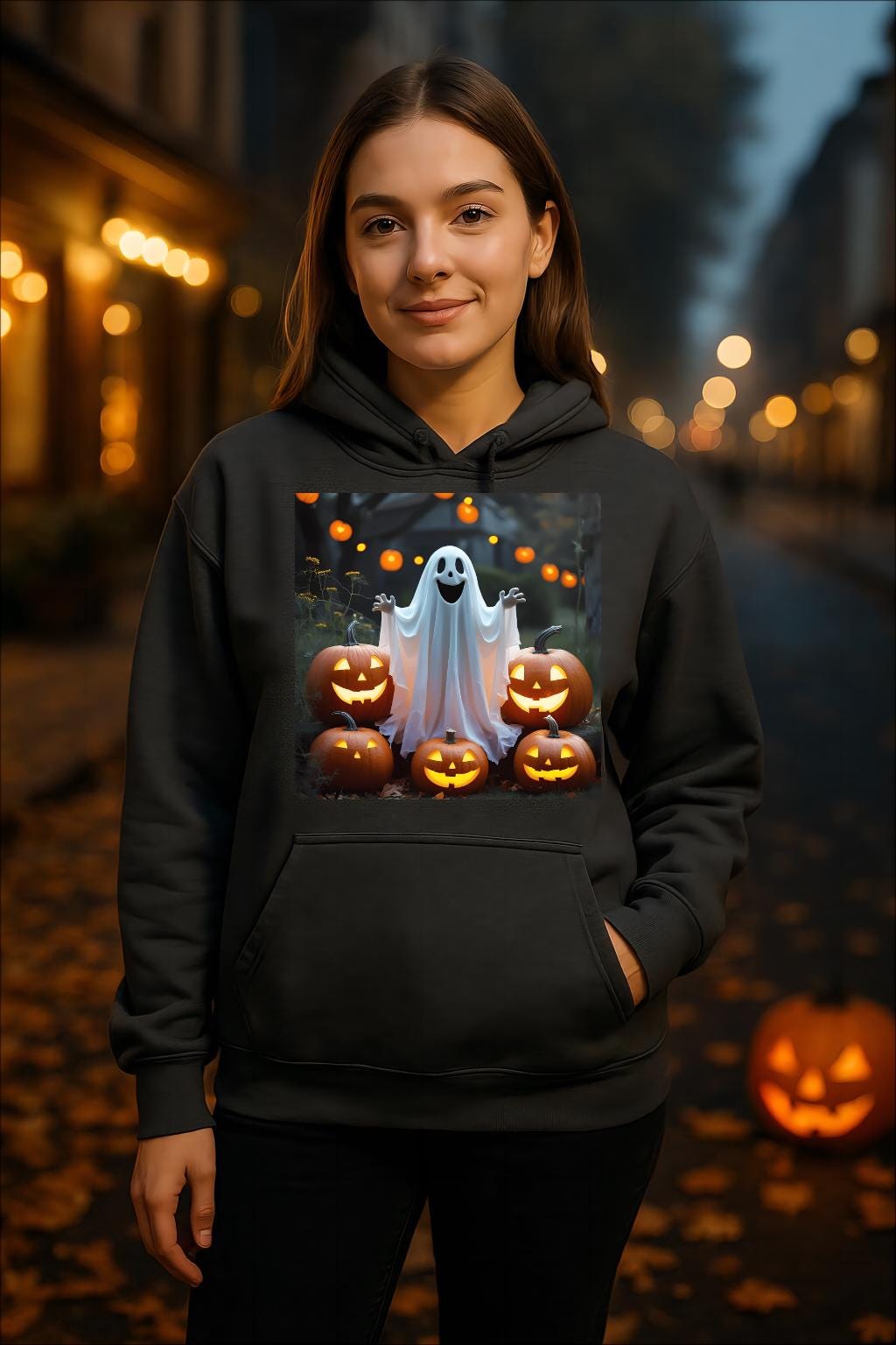 Tailles XS–5XL Sweat à capuche unisexe d'automme pour Halloween avec fantôme et citrouilles, coton mélangé