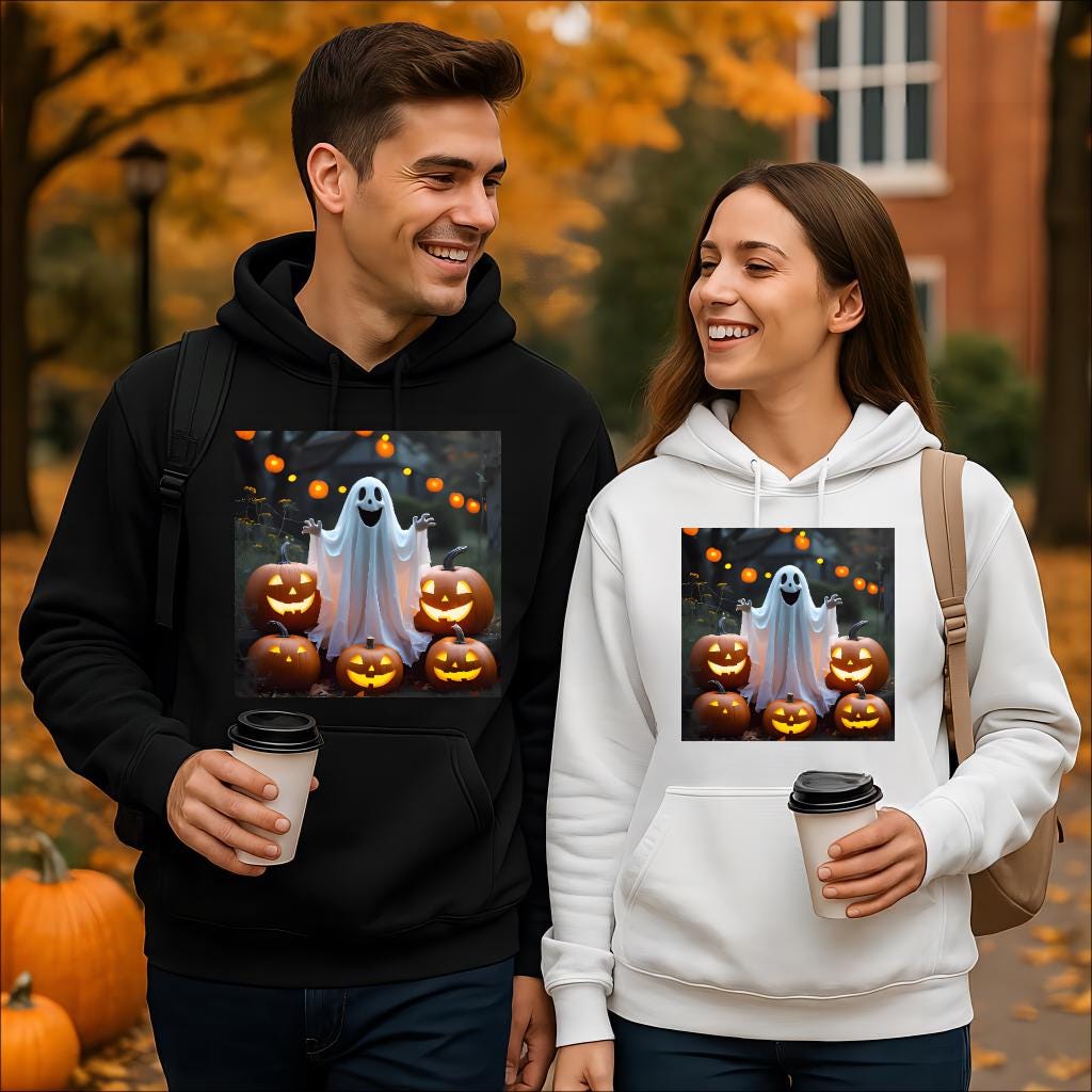 Tailles XS–5XL Sweat à capuche unisexe d'automme pour Halloween avec fantôme et citrouilles, coton mélangé