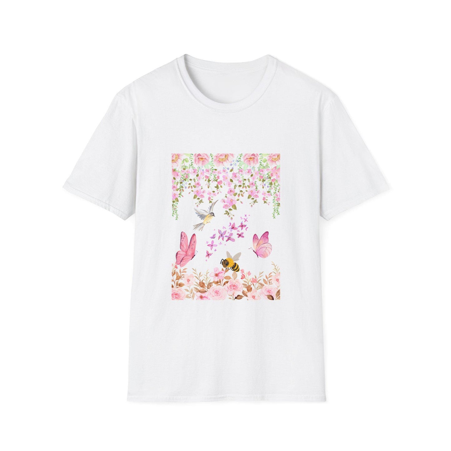 Camiseta unisex Floral Paradise: algodón suave, estampado de mariposas y flores, tallas XS a 5XL