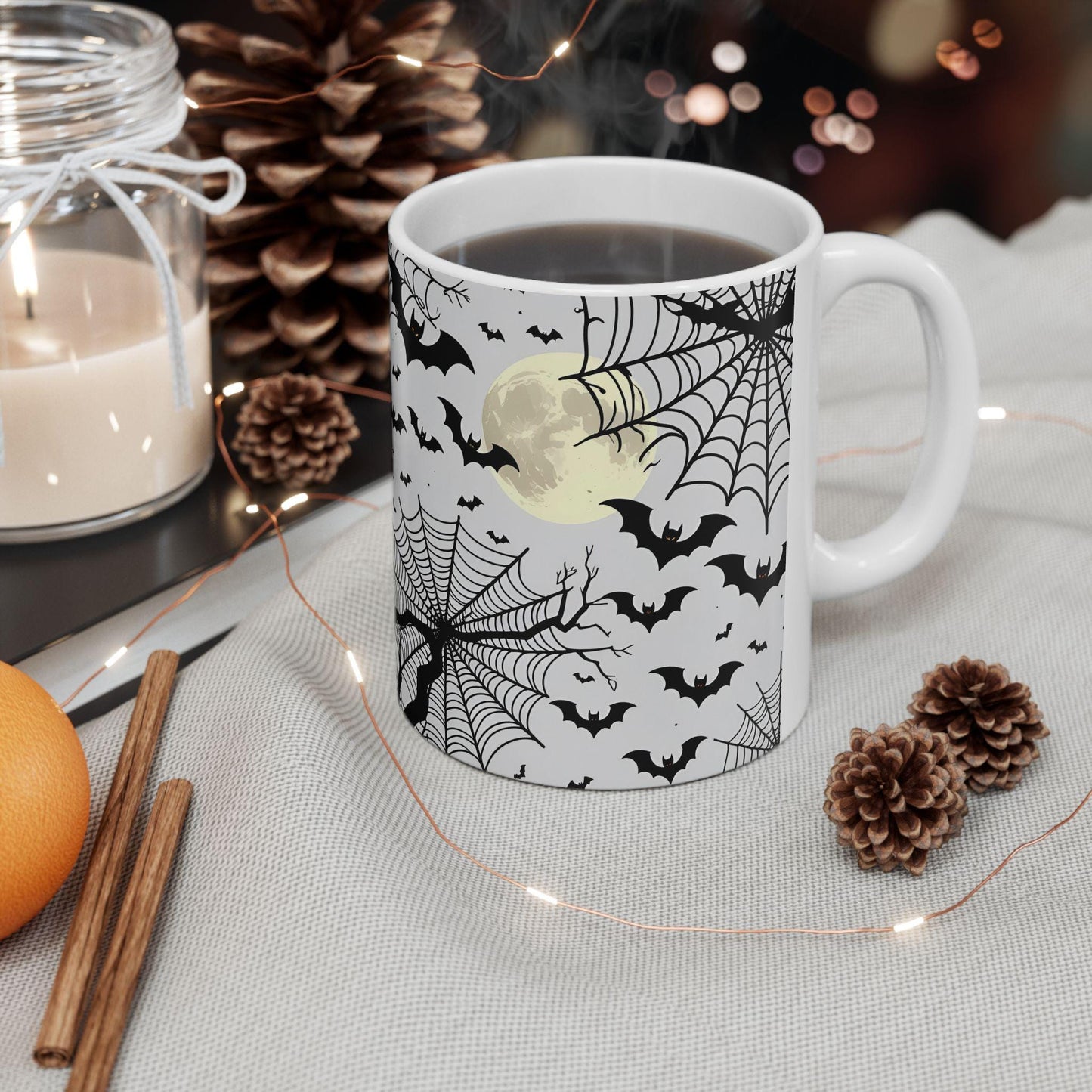 Mug Halloween 0.33 L/0.44 L, Tasse effrayante et mignonne chauves-souris, lune et toiles d’araignées | Cadeau original | Pumpkin Spice Latte