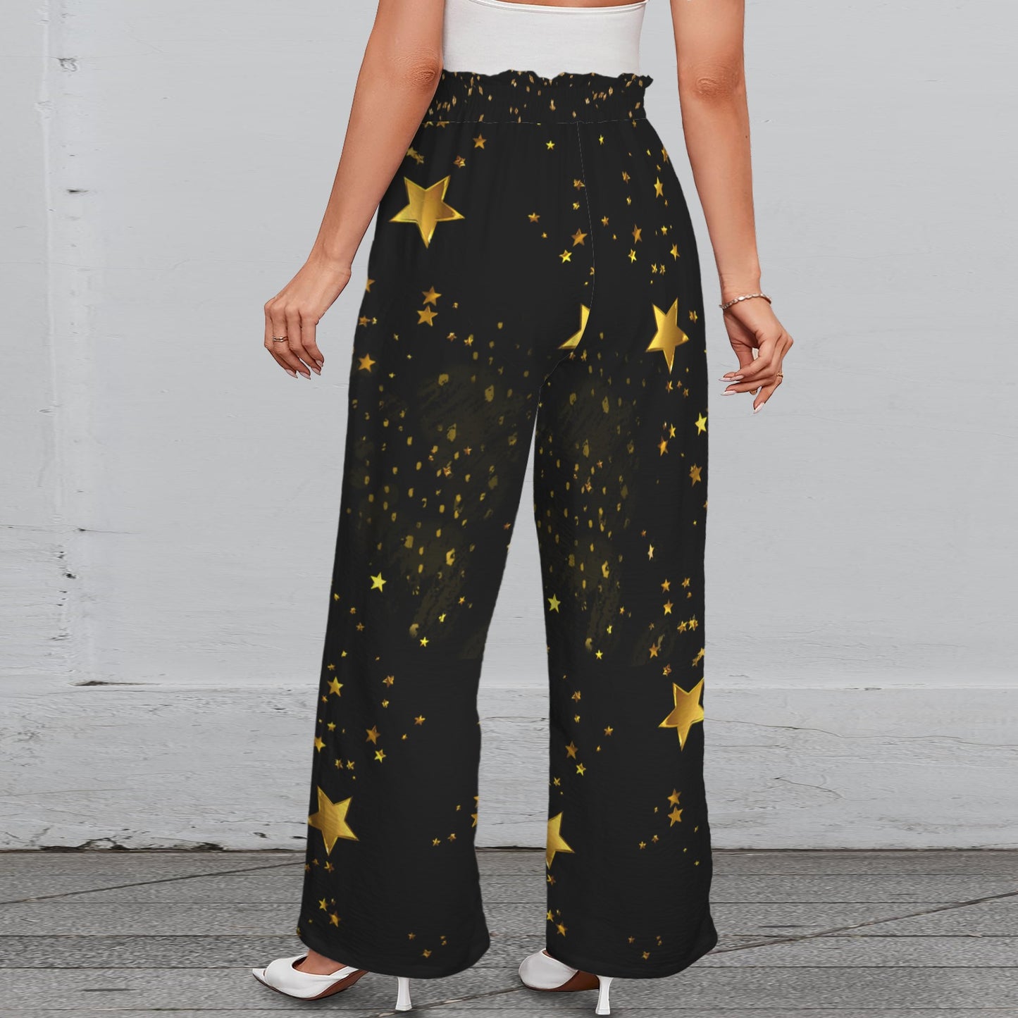 Pantalon large noir à étoiles – taille élastique à nouer & poches (S à 5XL) - Big Smiles All Sizes