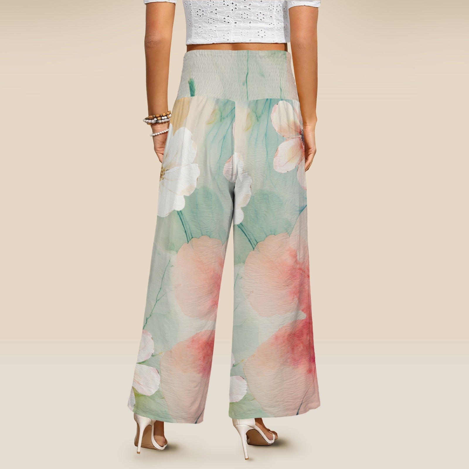 Pantalon large taille haute smockée avec poches – fleurs aquarelle (S à 5XL) - Big Smiles All Sizes