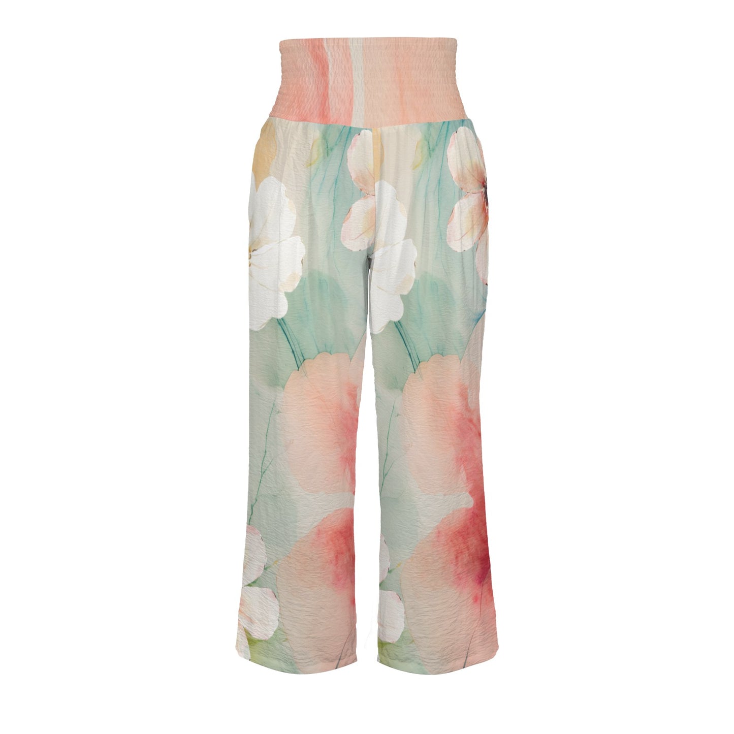 Pantalon large taille haute smockée avec poches – fleurs aquarelle (S à 5XL) - Big Smiles All Sizes