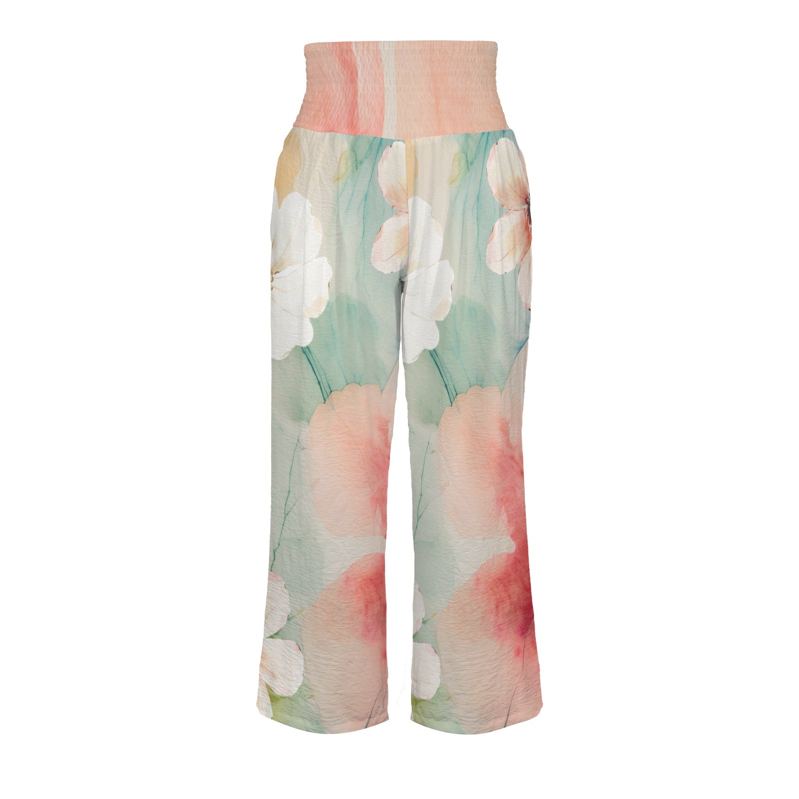 Pantalon large taille haute smockée avec poches – fleurs aquarelle (S à 5XL) - Big Smiles All Sizes