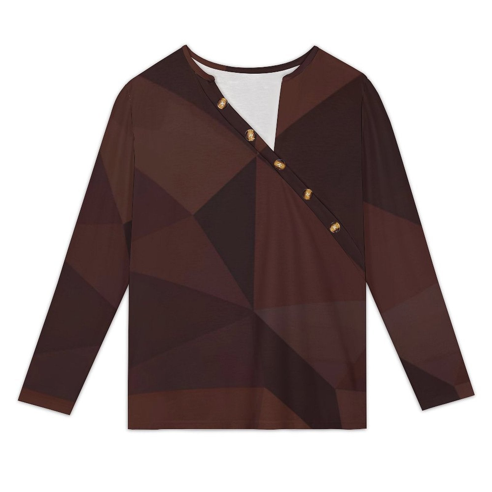 T-shirt femme manches longues – col asymétrique boutonné, imprimé géométrique brun (S à 5XL) - Big Smiles All Sizes