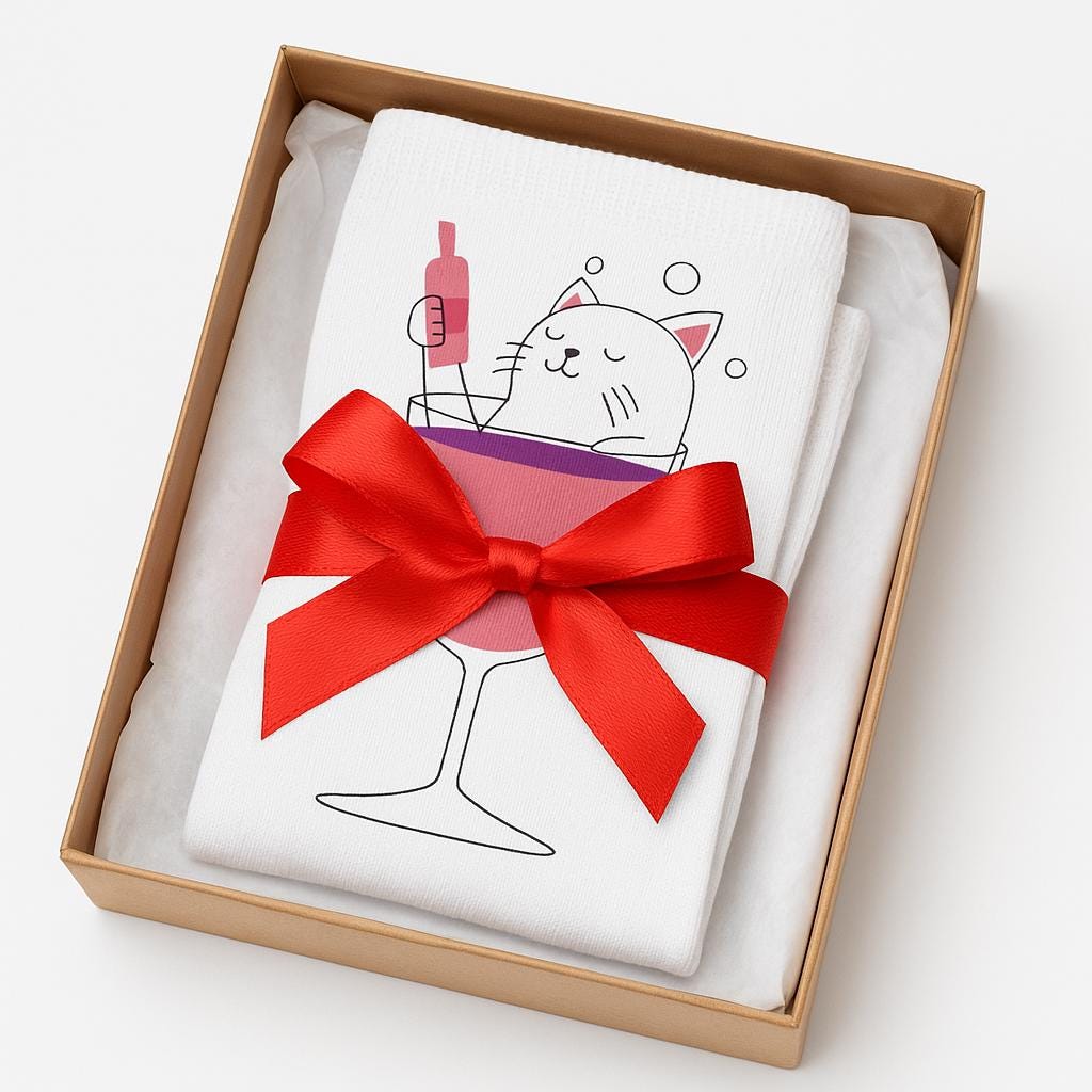 Chaussettes « Whimsical Cat » – crew imprimées, chat & verre, fun party vibes