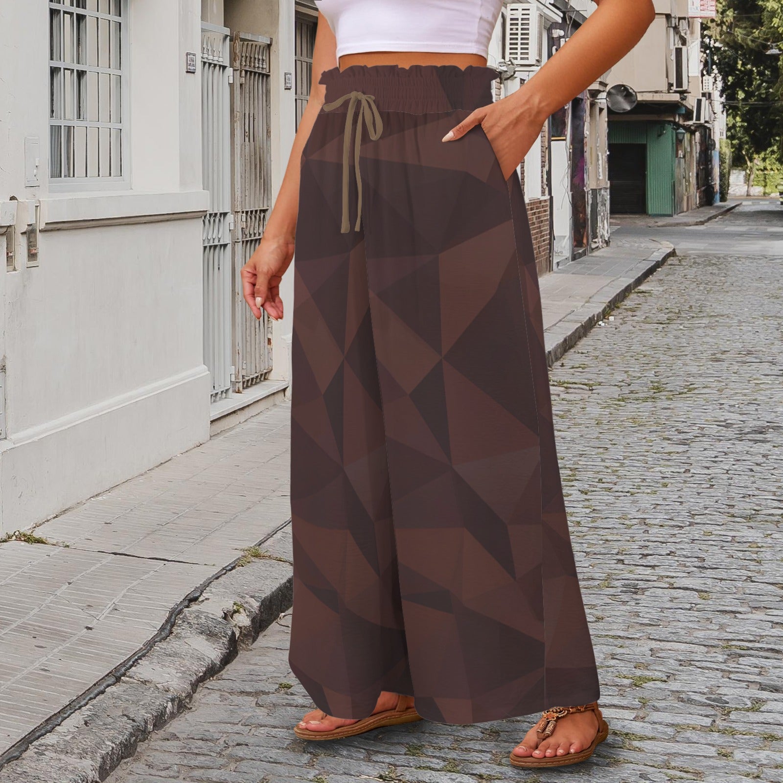 Pantalon large géométrique brun – taille haute élastique à cordon & poches (XS à 5XL) - Big Smiles All Sizes