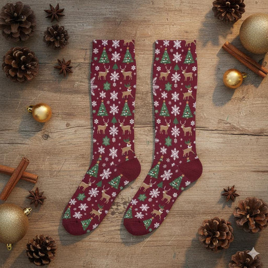 Chaussettes montantes bordeaux Noël | Rennes, flocons et sapins | Respirantes & stretch | Mode inclusive Big Smiles