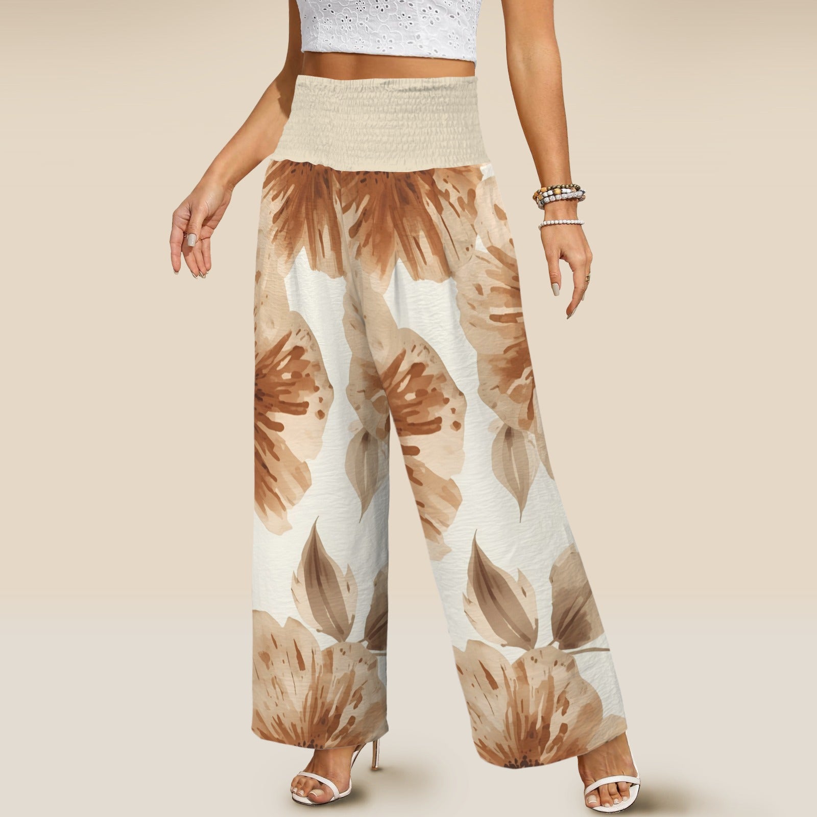 Pantalon large fleurs brunes – taille haute smockée avec poches (S à 5XL) - Big Smiles All Sizes