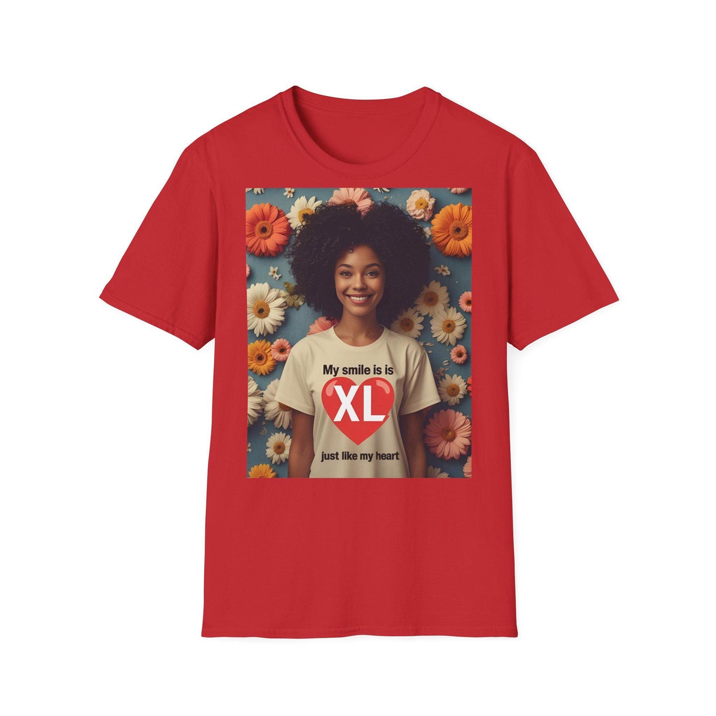 Camiseta unisex de estilo suave "Mi sonrisa es XL" - Tallas grandes S-5XL | Algodón suave, mensaje de corazón, regalo de cumpleaños