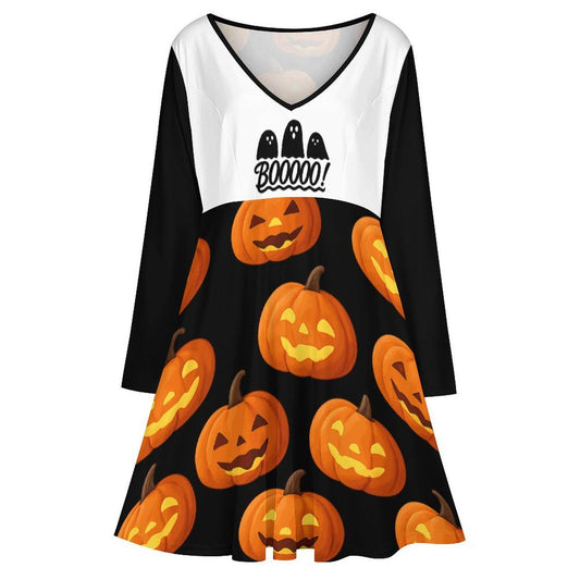 tailles S–8XL Robe noire d’ automme pour Halloween col V, manches longues avec fantômes et citrouilles,