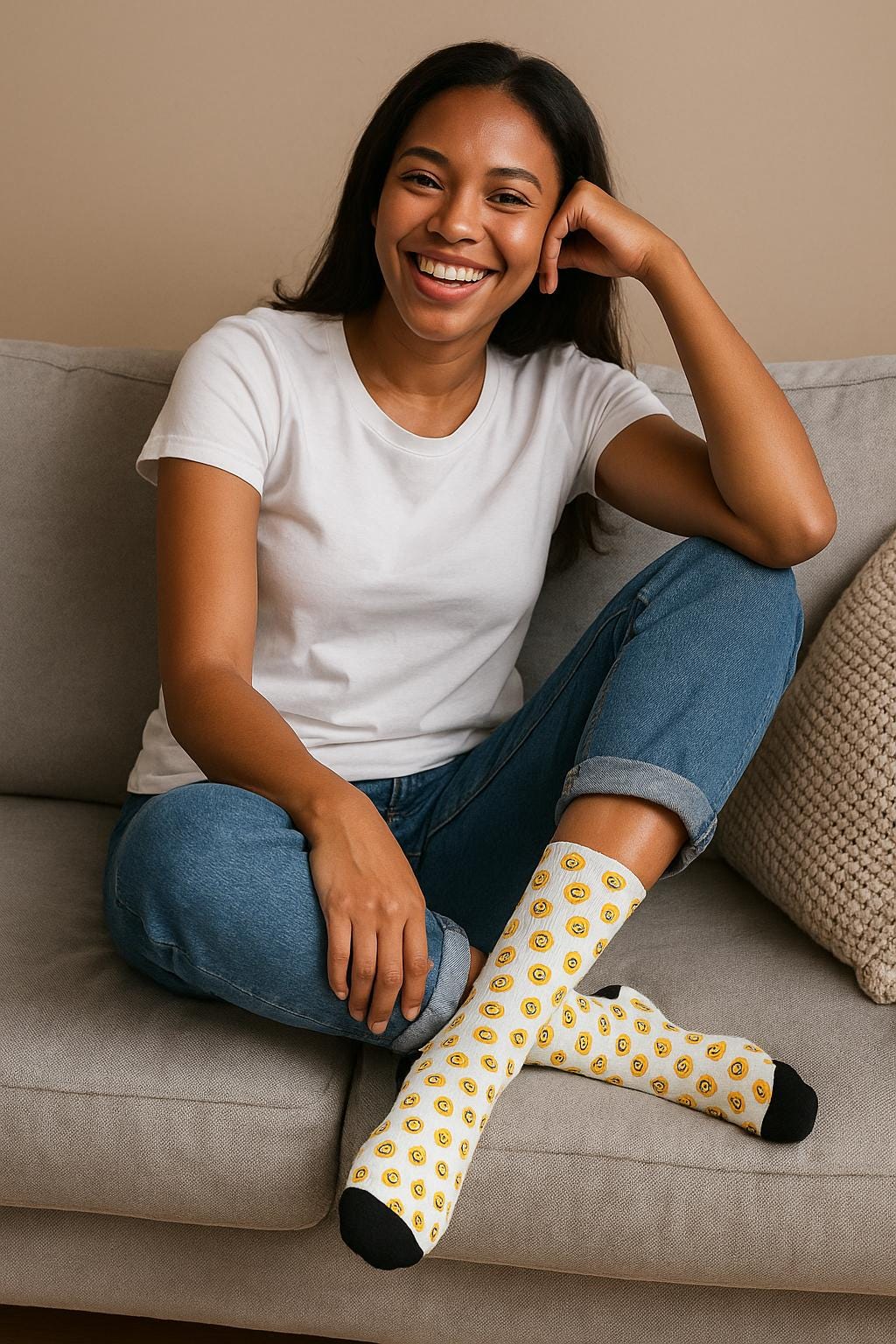Chaussettes « Emoji thinking » – crew sublimées, motif emoji doré, confort quotidien