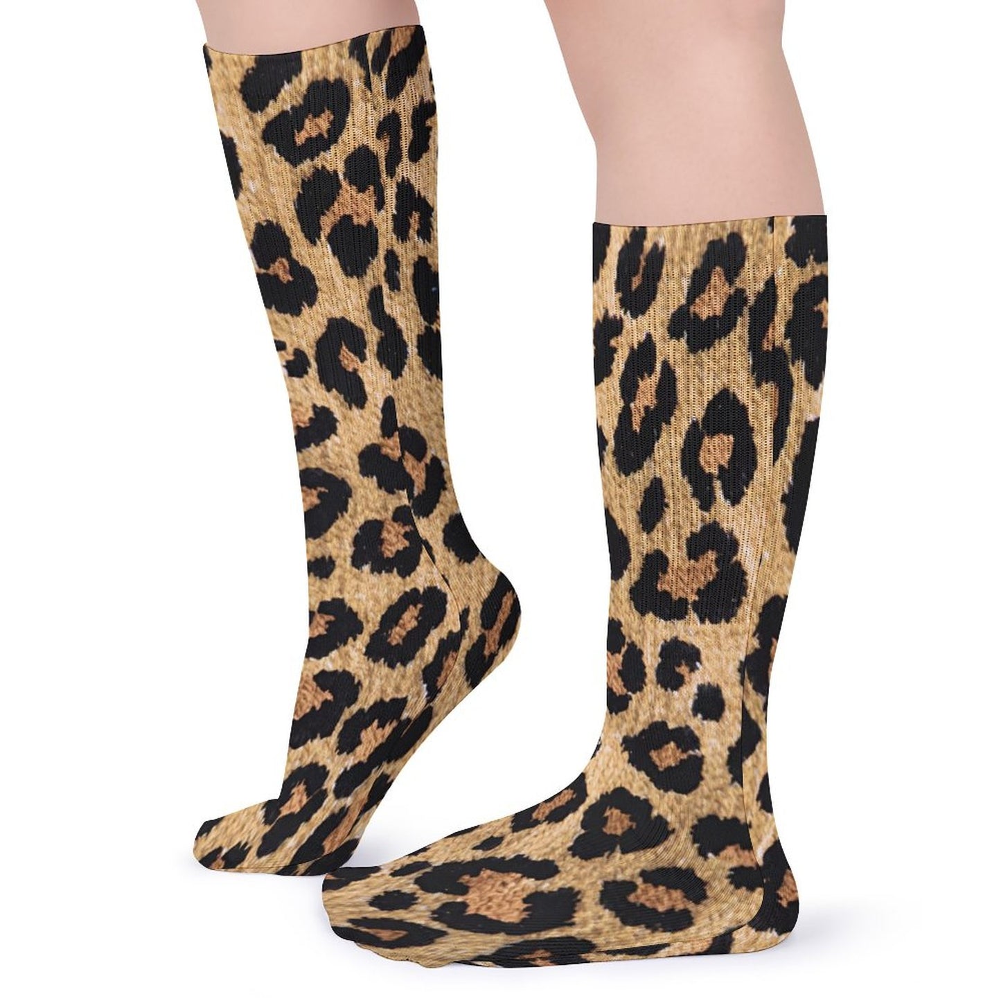 Chaussettes montantes léopard sable – respirantes, anti-glisse & confort mollets – impression all-over | Big Smiles