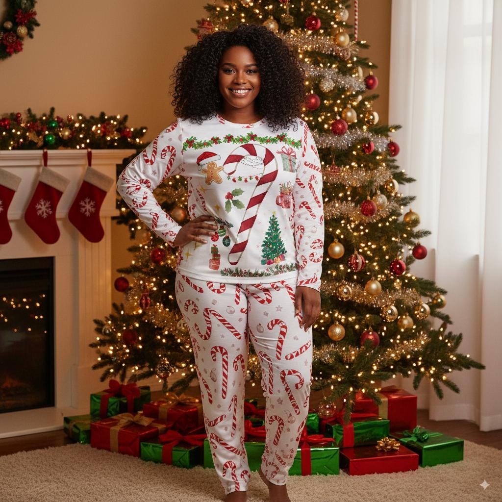 Pyjama de Noël femme bâtons de caramel, ensemble 2 pièces avec sapin et cadeaux Tailles XS–6XL