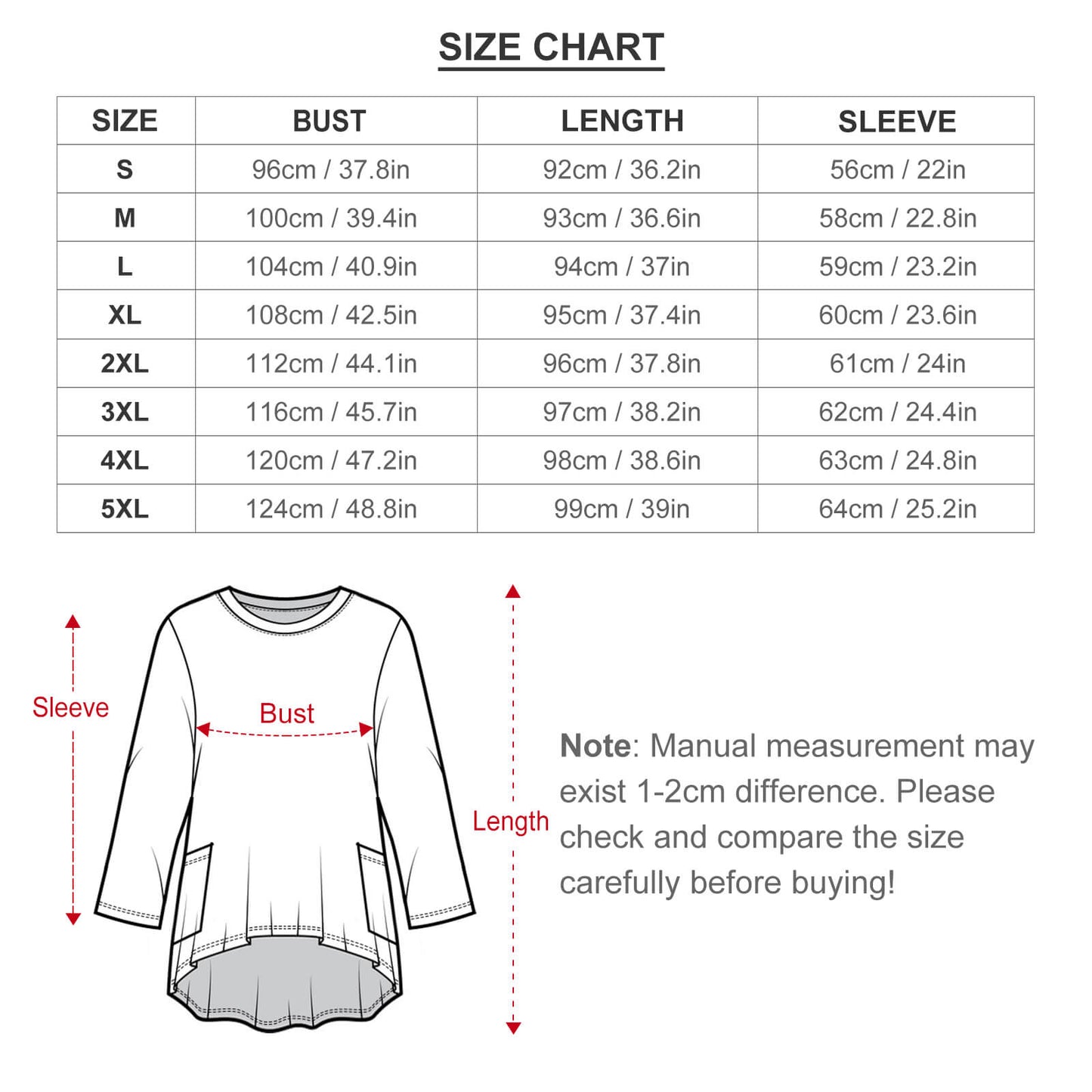 Robe ample à poches roses rouges – manches longues, S-5XL - Big Smiles All Sizes