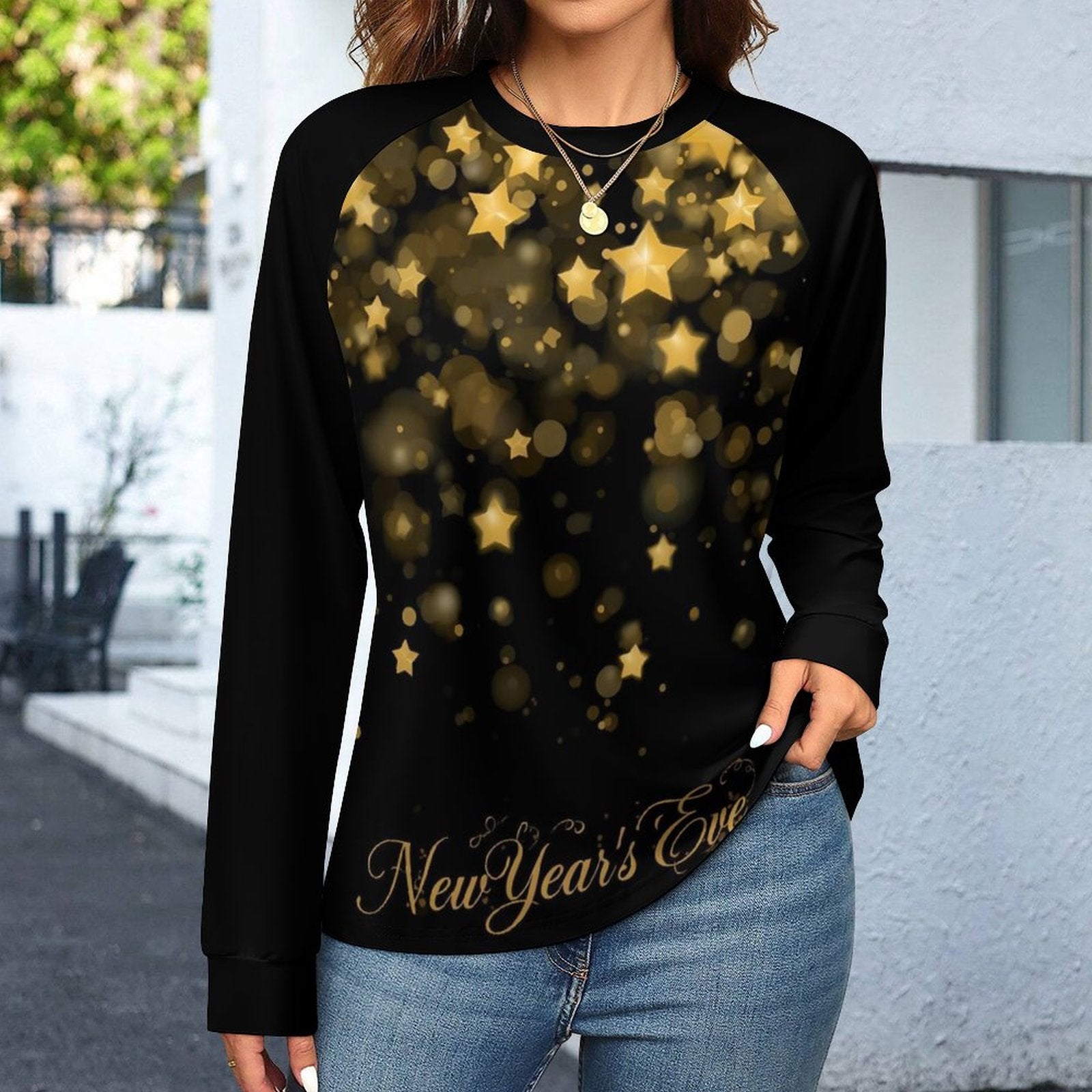 T-shirt raglan femme manches longues noir & étoiles dorées – spécial fêtes (S à 6XL) - Big Smiles All Sizes