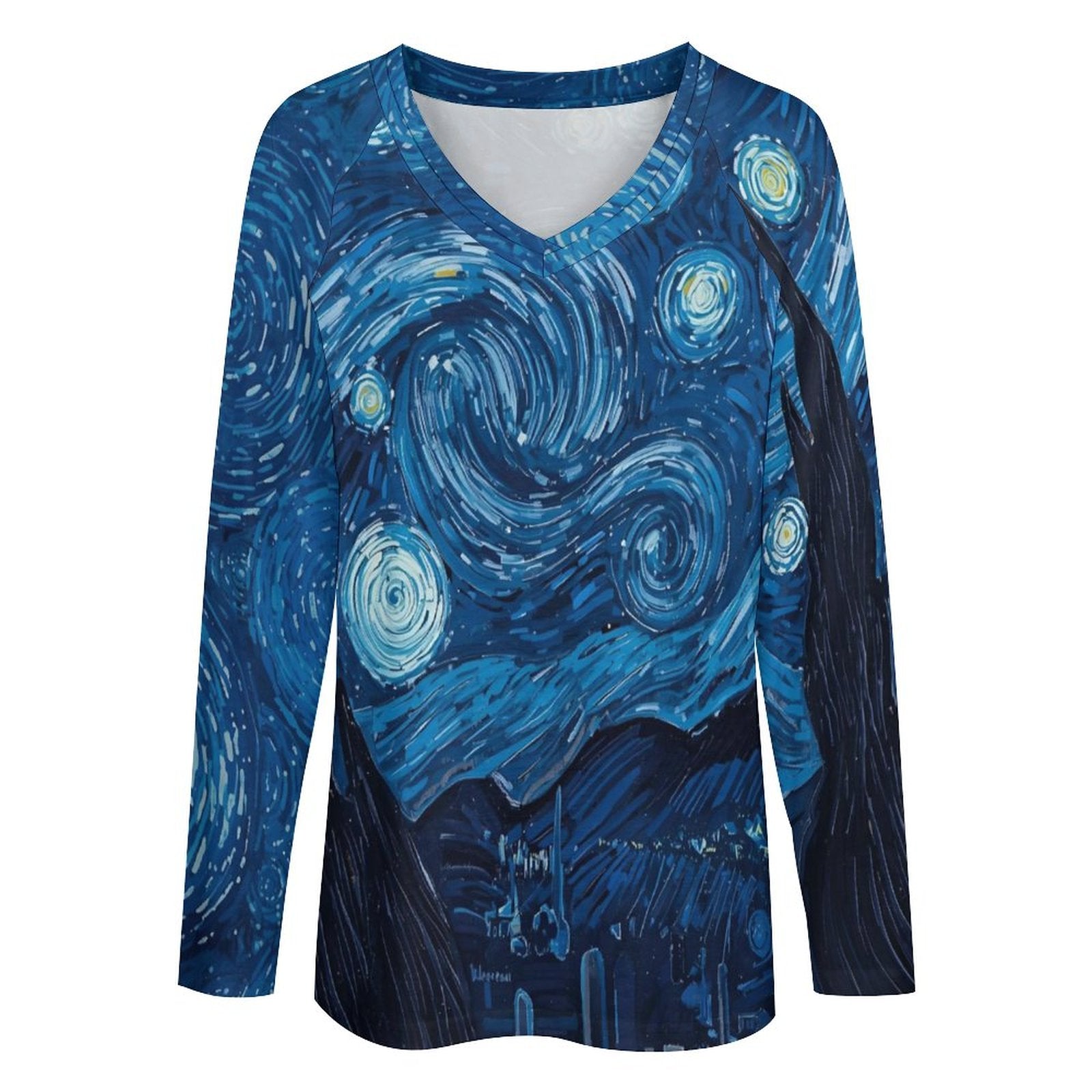 T-shirt manches longues loose à col V – imprimé “nuit étoilée” (S à 5XL) - Big Smiles All Sizes