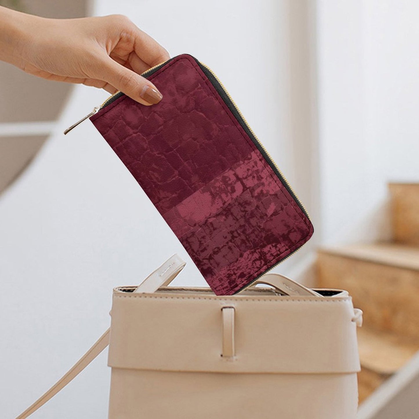 Portefeuille bordeaux patchwork en cuir vegan haut de gamme – Style artistique et grande capacité - Big Smiles All Sizes