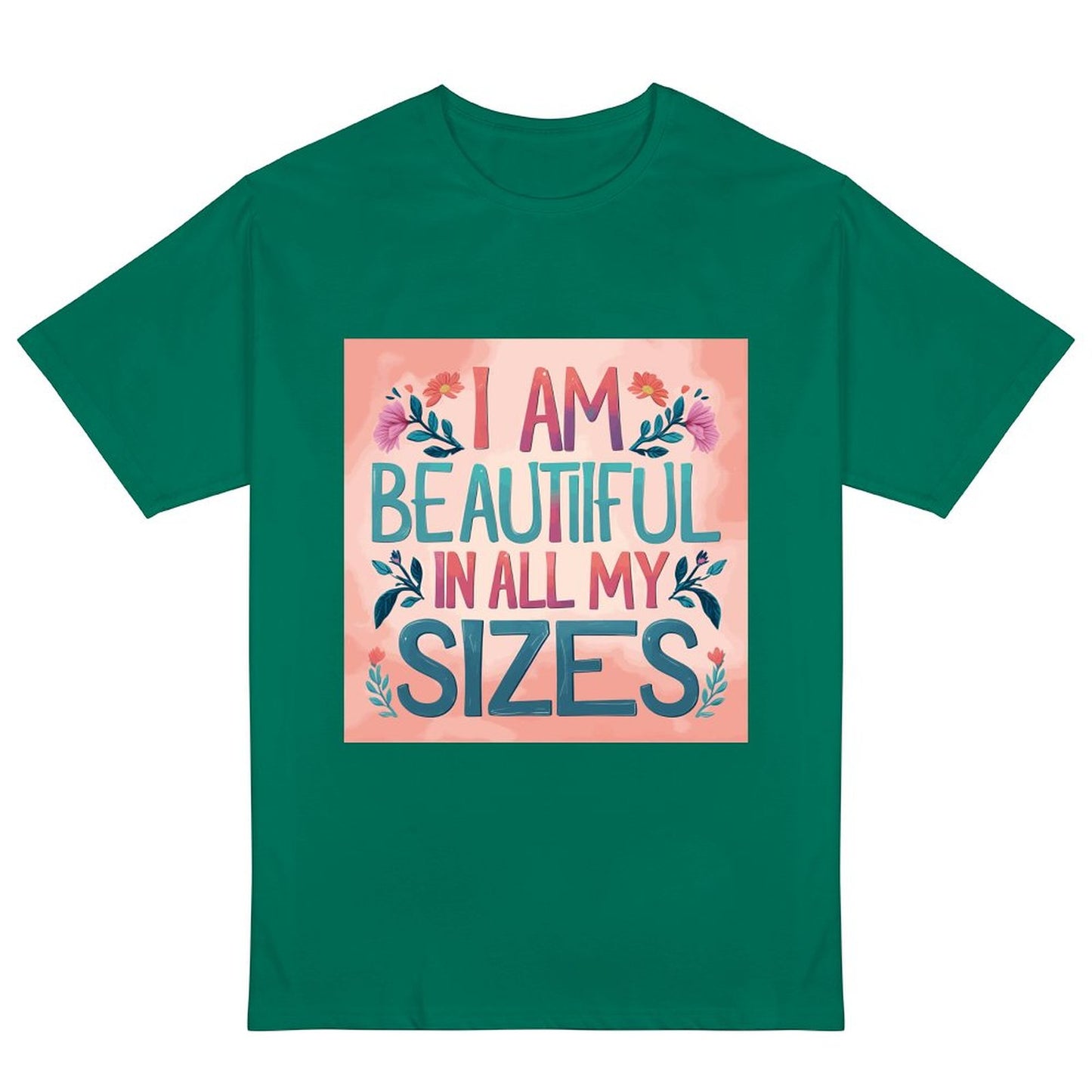 Camiseta de mujer «Soy guapa en todas mis tallas» coral y flores – algodón 190 g, impresión DTG HD, tallas S a 6XL