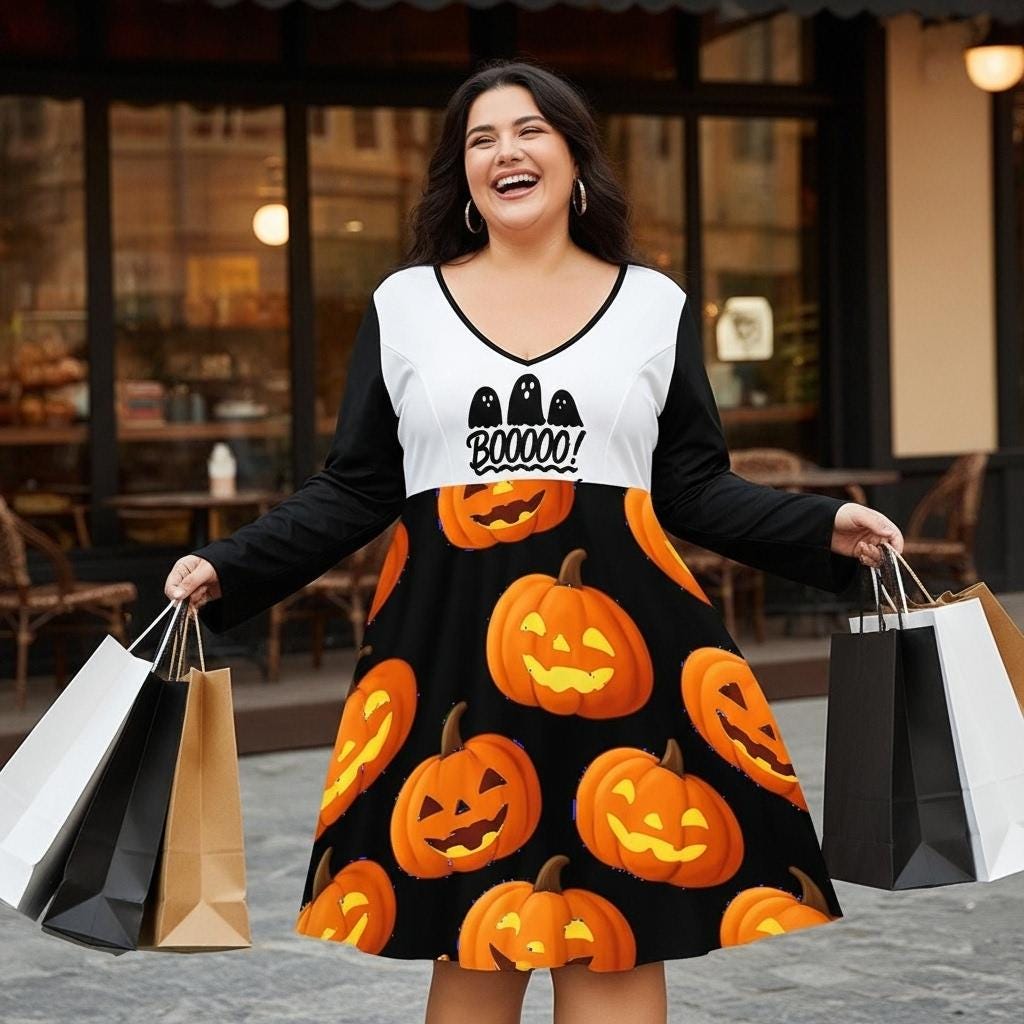 tailles S–8XL Robe noire d’ automme pour Halloween col V, manches longues avec fantômes et citrouilles,