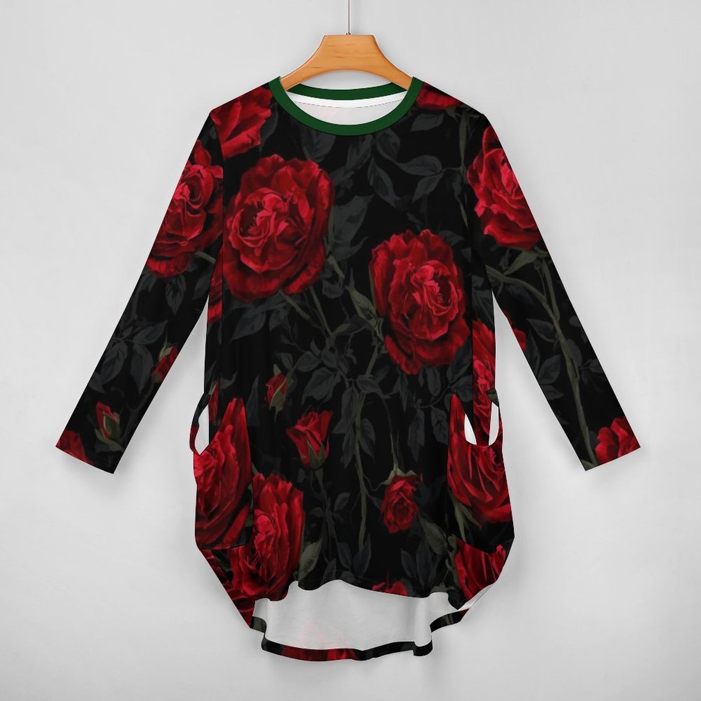 Robe ample à poches roses rouges – manches longues, S-5XL - Big Smiles All Sizes