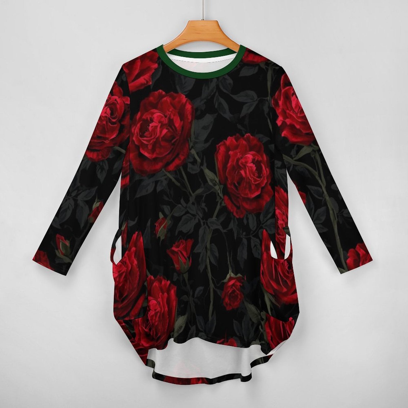 Robe ample à poches roses rouges – manches longues, S-5XL - Big Smiles All Sizes