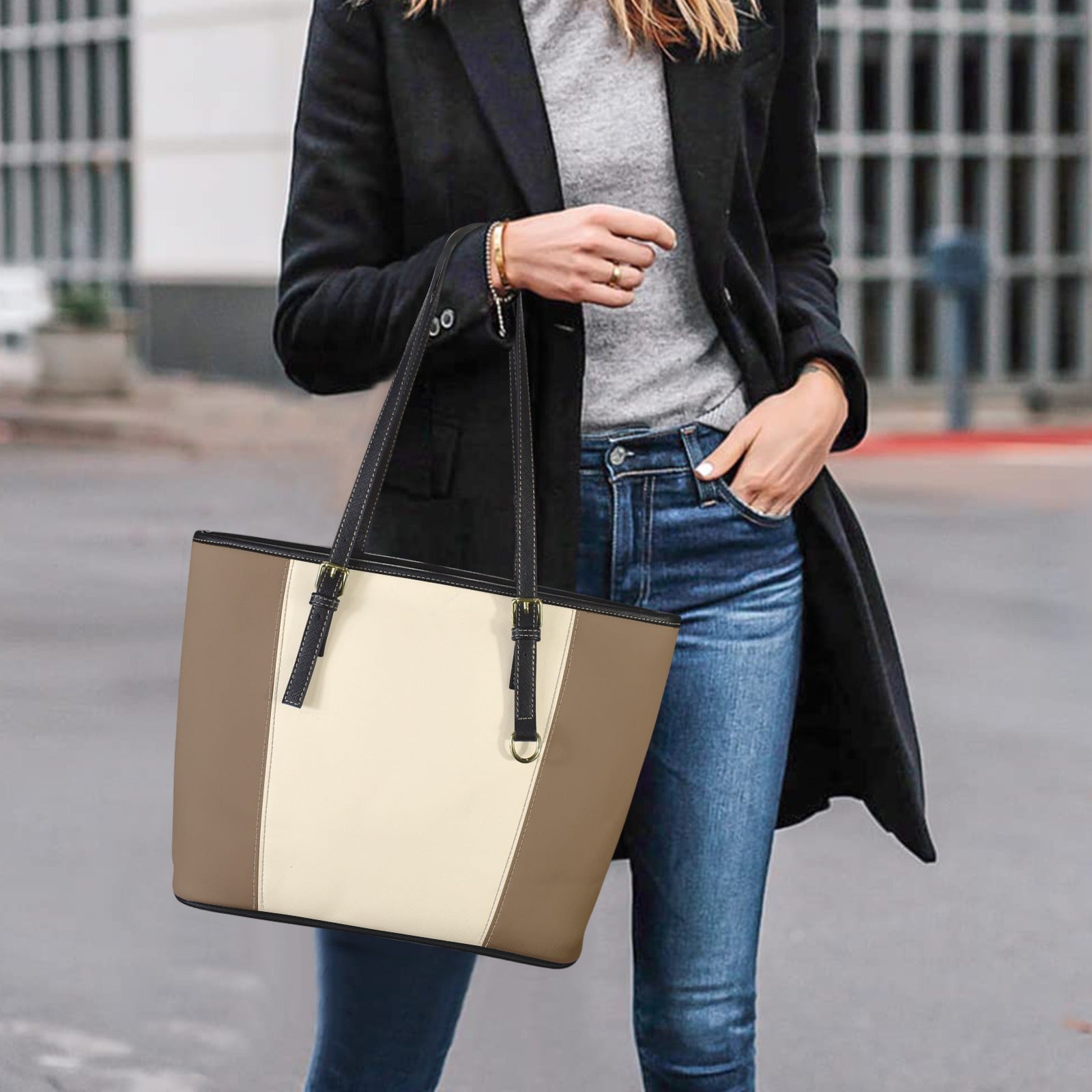 Sac cabas en cuir vegan beige et marron – Élégance naturelle et style quotidien - Big Smiles All Sizes