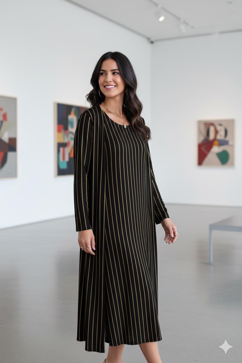 Tailles S - 5XL |Ensemble robe & cardigan long | noir à fines rayures dorées |  invitée, cocktail, vacances