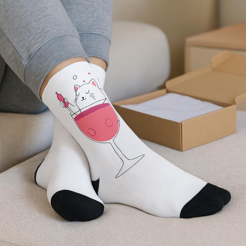 Chaussettes « Whimsical Cat » – crew imprimées, chat & verre, fun party vibes