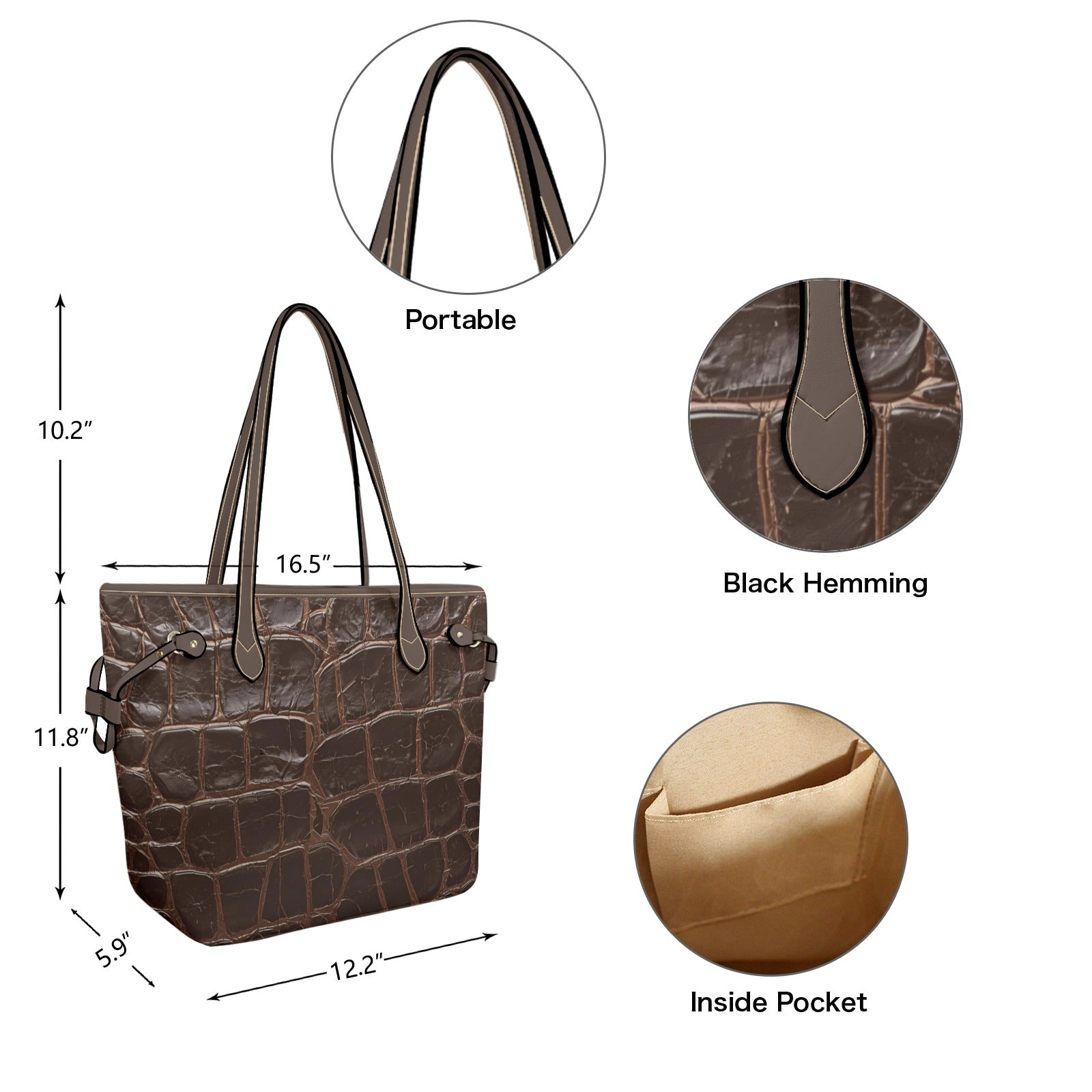 Sac cabas en cuir vegan marron – Design croco chic et allure sophistiquée - Big Smiles All Sizes