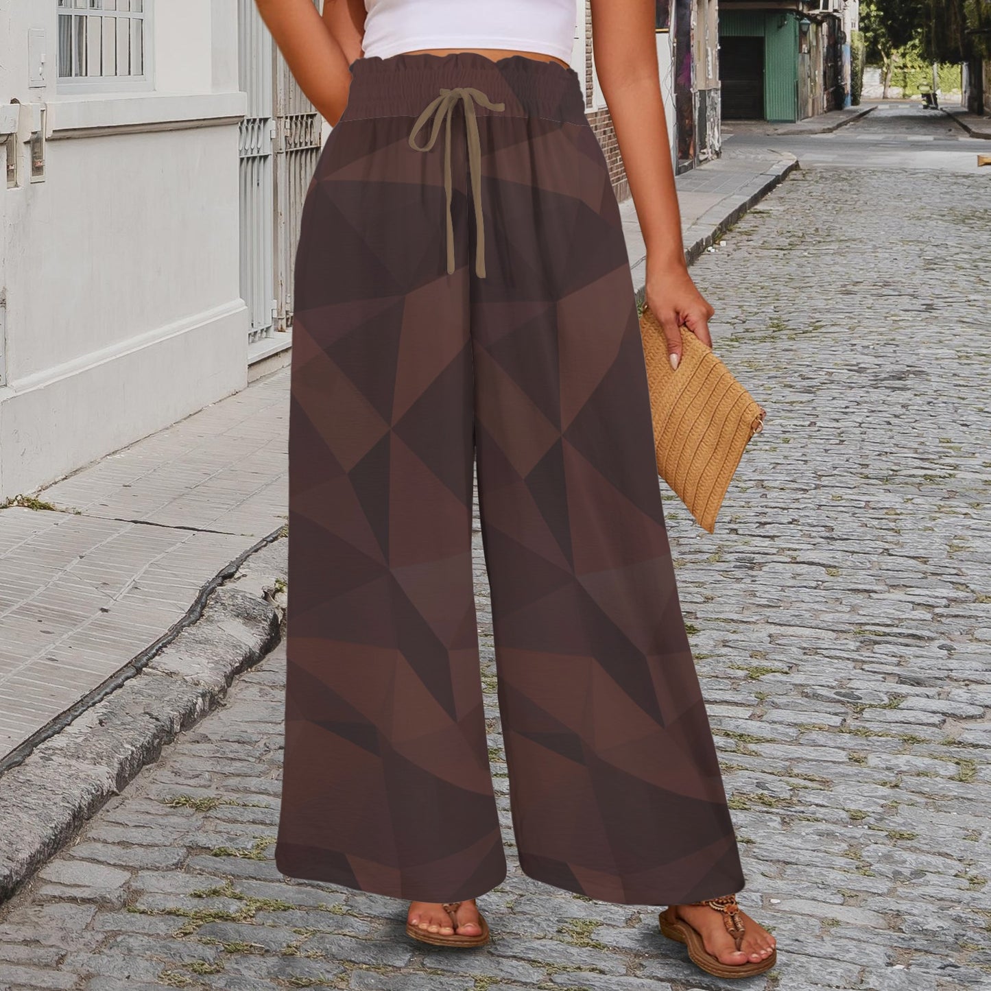 Pantalon large géométrique brun – taille haute élastique à cordon & poches (XS à 5XL) - Big Smiles All Sizes