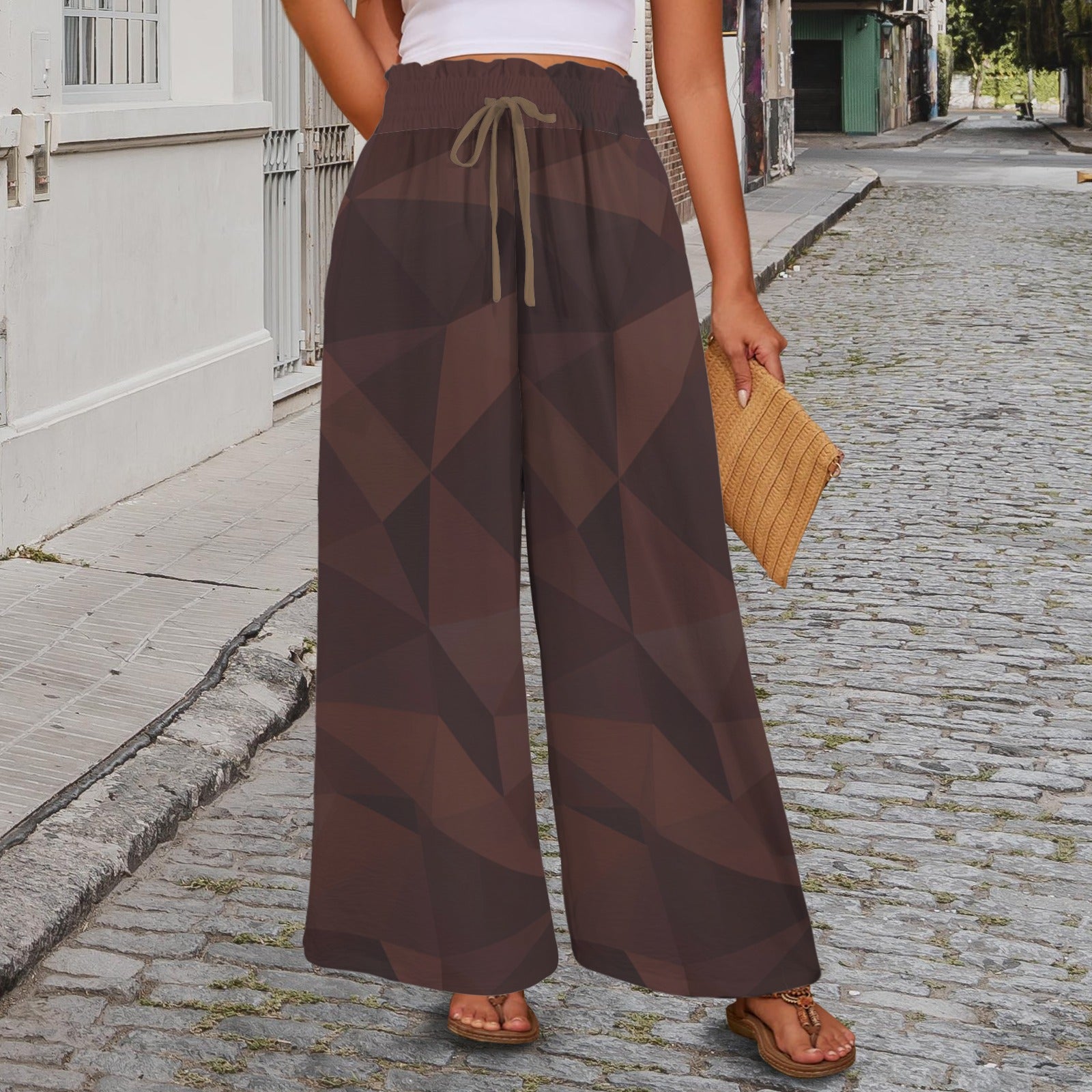 Pantalon large géométrique brun – taille haute élastique à cordon & poches (XS à 5XL) - Big Smiles All Sizes