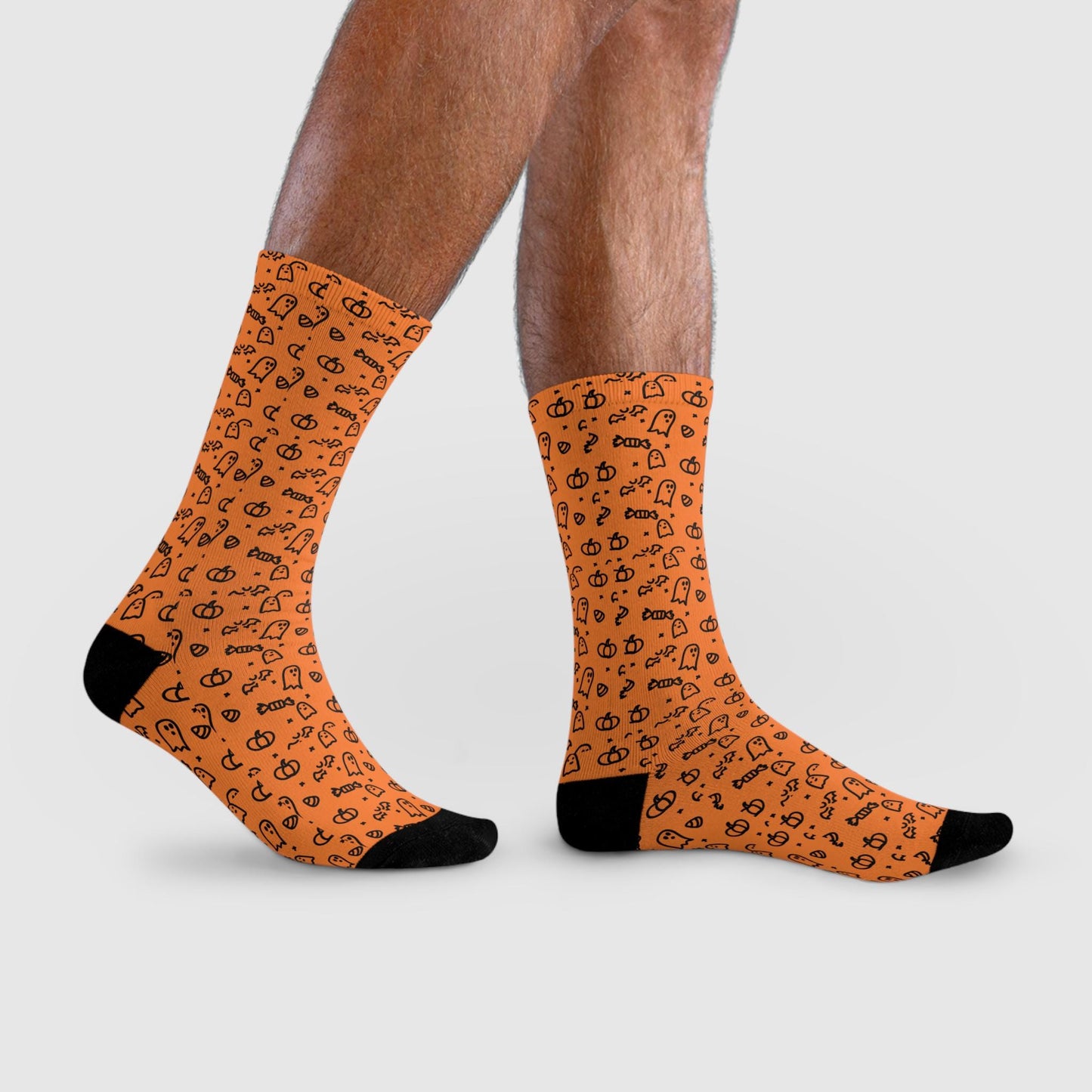 Chaussettes « Halloween » – fantômes & citrouilles, crew sublimées orange, cadeau festif automne