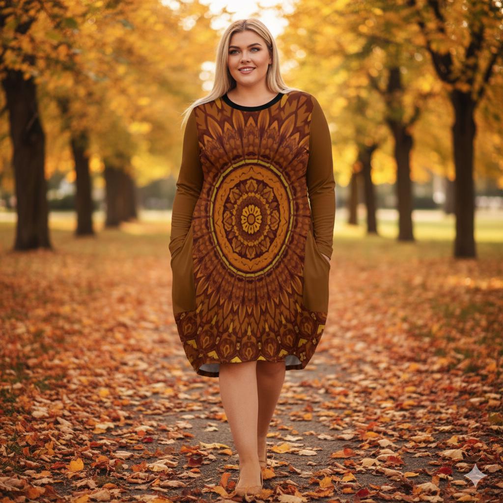 Robe ample avec poches S–5XL | Écharpe bohème mandala marron | Tunique longue douce et confortable