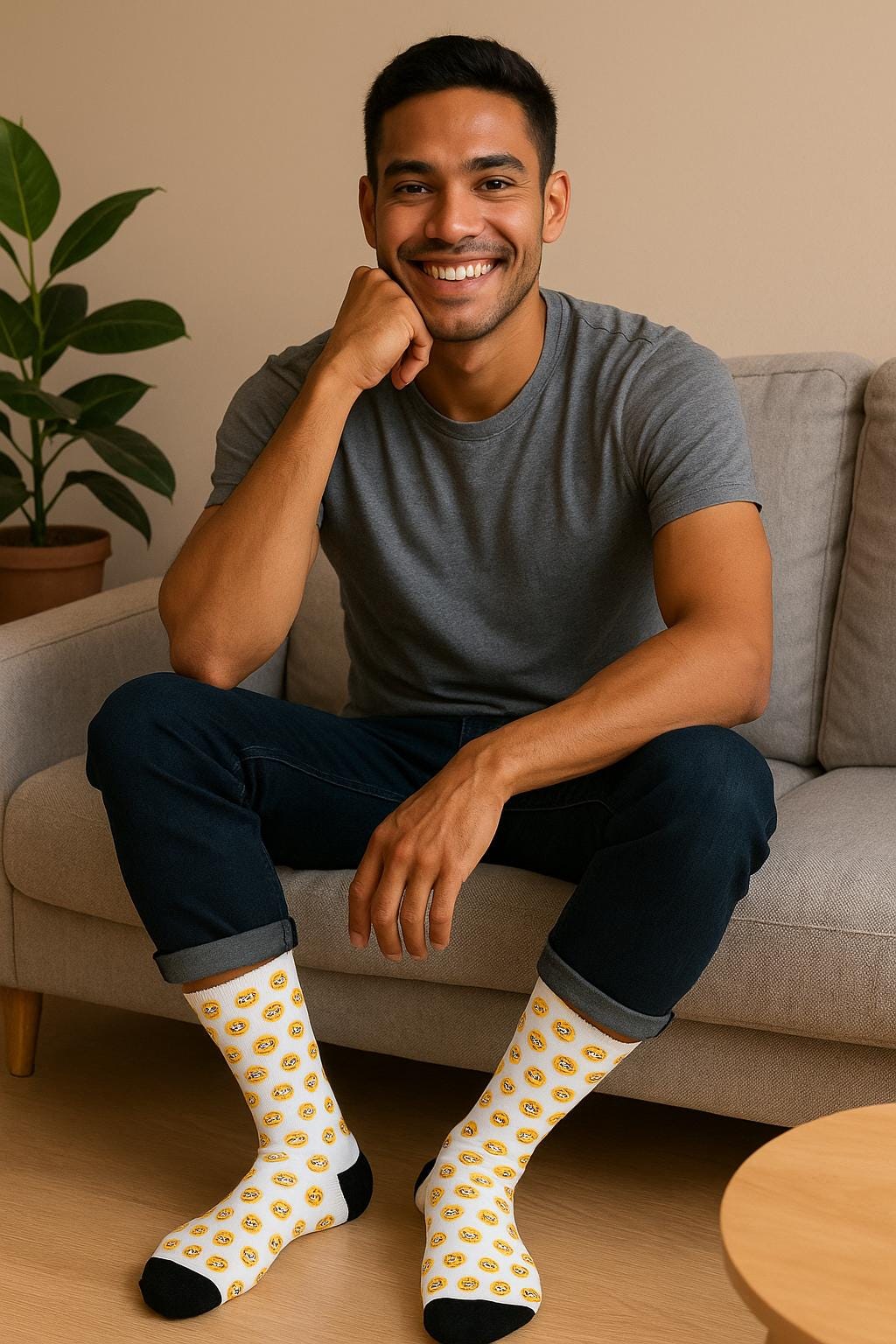 Chaussettes « Emoji thinking » – crew sublimées, motif emoji doré, confort quotidien