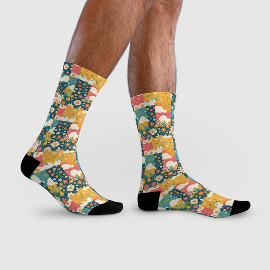 Chaussettes « Floral Patchwork » – crew sublimées, motif fleuri rétro, confort cosy