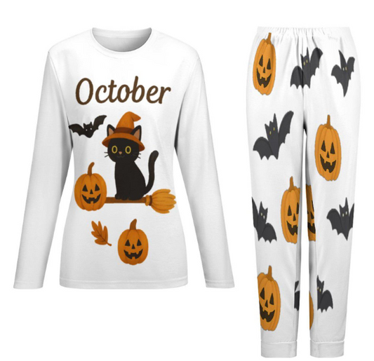 tailles XS - 6XL Pyjama femme octobre Halloween, ensemble deux pièces, pyjama cosy chat noir et citrouilles,