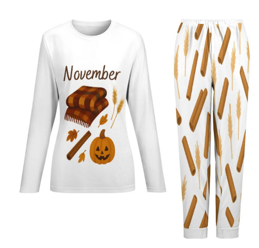 tailles XS - 6XL Pyjama femme novembre automne, ensemble deux pièces, pyjama cosy avec cannelle et citrouille,
