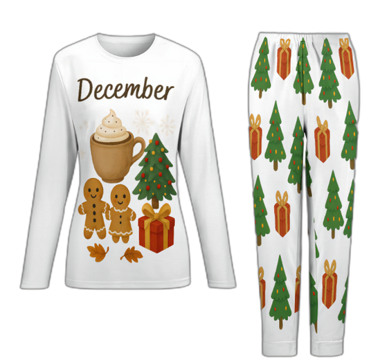 Pyjama de Noël femme décembre, ensemble 2 pièces, pain d’épices, sapin et cadeau Tailles XS–6XL