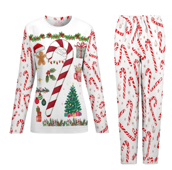 Pyjama de Noël femme bâtons de caramel, ensemble 2 pièces avec sapin et cadeaux Tailles XS–6XL