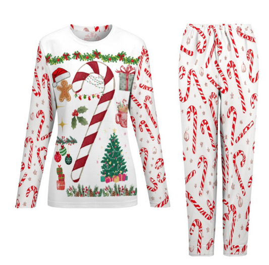 Pyjama de Noël femme bâtons de caramel, ensemble 2 pièces avec sapin et cadeaux Tailles XS–6XL