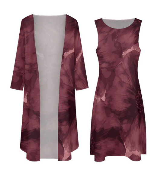 Ensemble 2 pièces S–5XL | Robe longue sans manches + gilet long | Motif floral bordeaux élégant