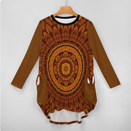 Robe ample avec poches S–5XL | Écharpe bohème mandala marron | Tunique longue douce et confortable