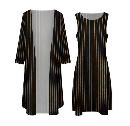 Tailles S - 5XL |Ensemble robe & cardigan long | noir à fines rayures dorées |  invitée, cocktail, vacances
