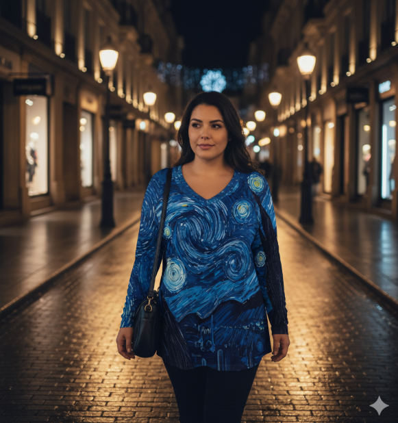 T-shirt manches longues loose à col V – imprimé “nuit étoilée” (S à 5XL) - Big Smiles All Sizes