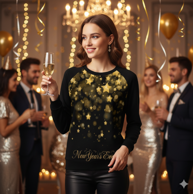 T-shirt raglan femme manches longues noir & étoiles dorées – spécial fêtes (S à 6XL) - Big Smiles All Sizes