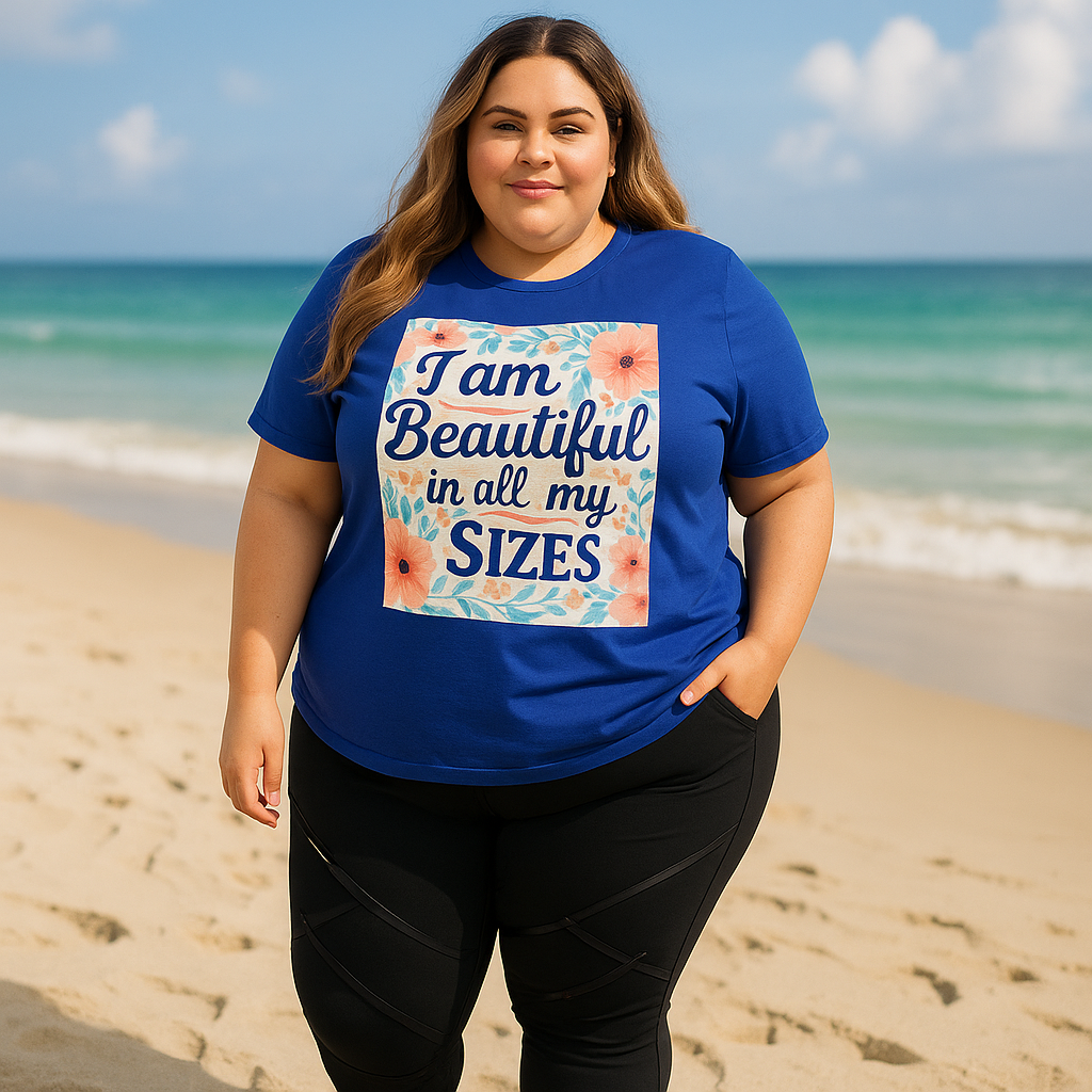 Camiseta de mujer «Soy guapa en todas mis tallas»: algodón de 190 g, impresión DTG HD, tallas S a 6XL