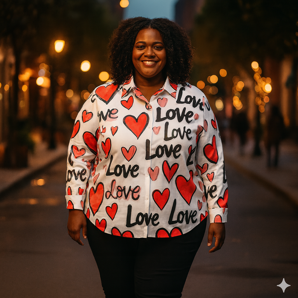 Chemise à ourlet asymétrique – imprimé cœurs “Love” rose & rouge | Big Smiles